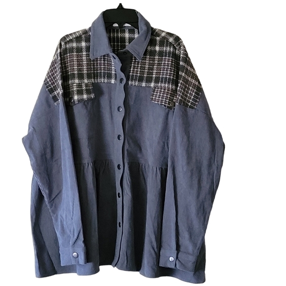 Ces Femme Blue Plaid Contrast Ribbed Oversized Jacket Shacket Baggy Top Shirt - Picture 3 of 12